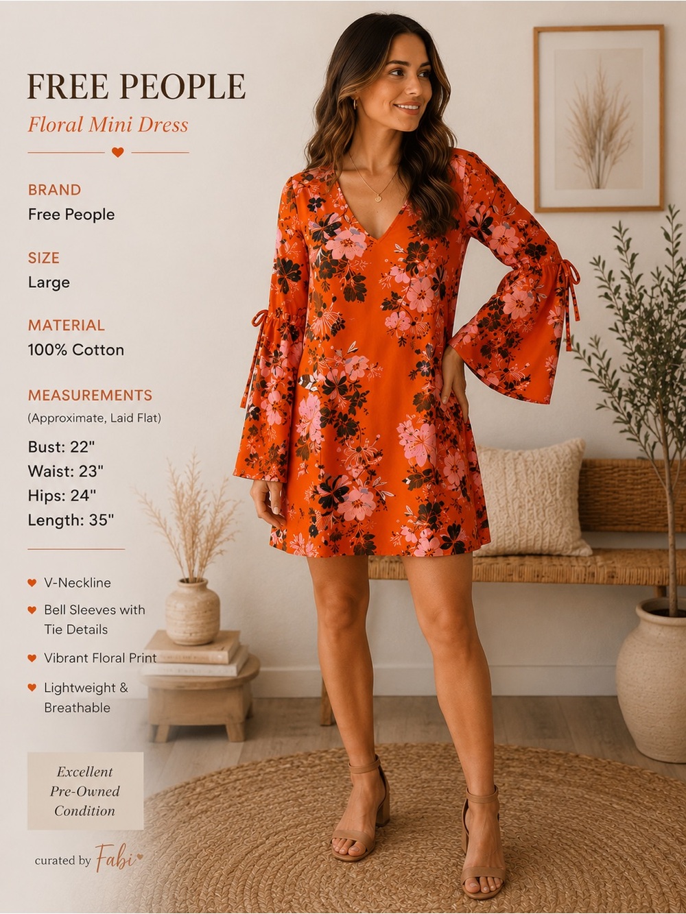 Free People Orange Floral Boho Mini Dress Large Bell Sleeve 100% Cotton - Picture 3 of 11